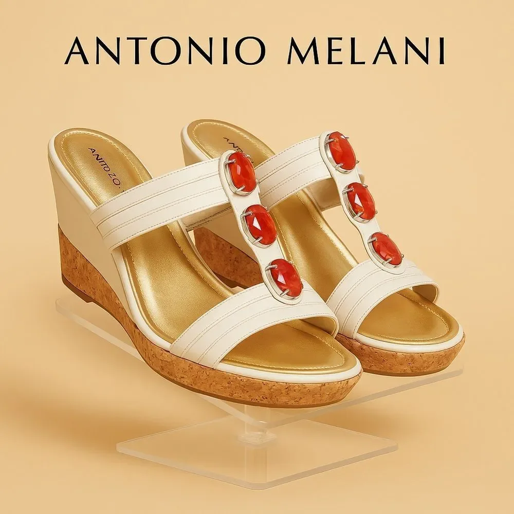 Antonio Melani Leather Cream Cork Coral Jewelled Slide Wedge Sandals 8.5